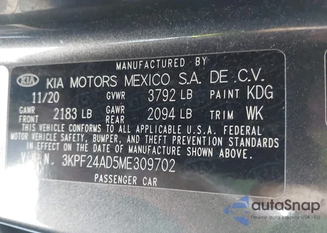 2021 Kia Forte Lxs from USA, damaged, VIN 3KPF24AD5ME309702